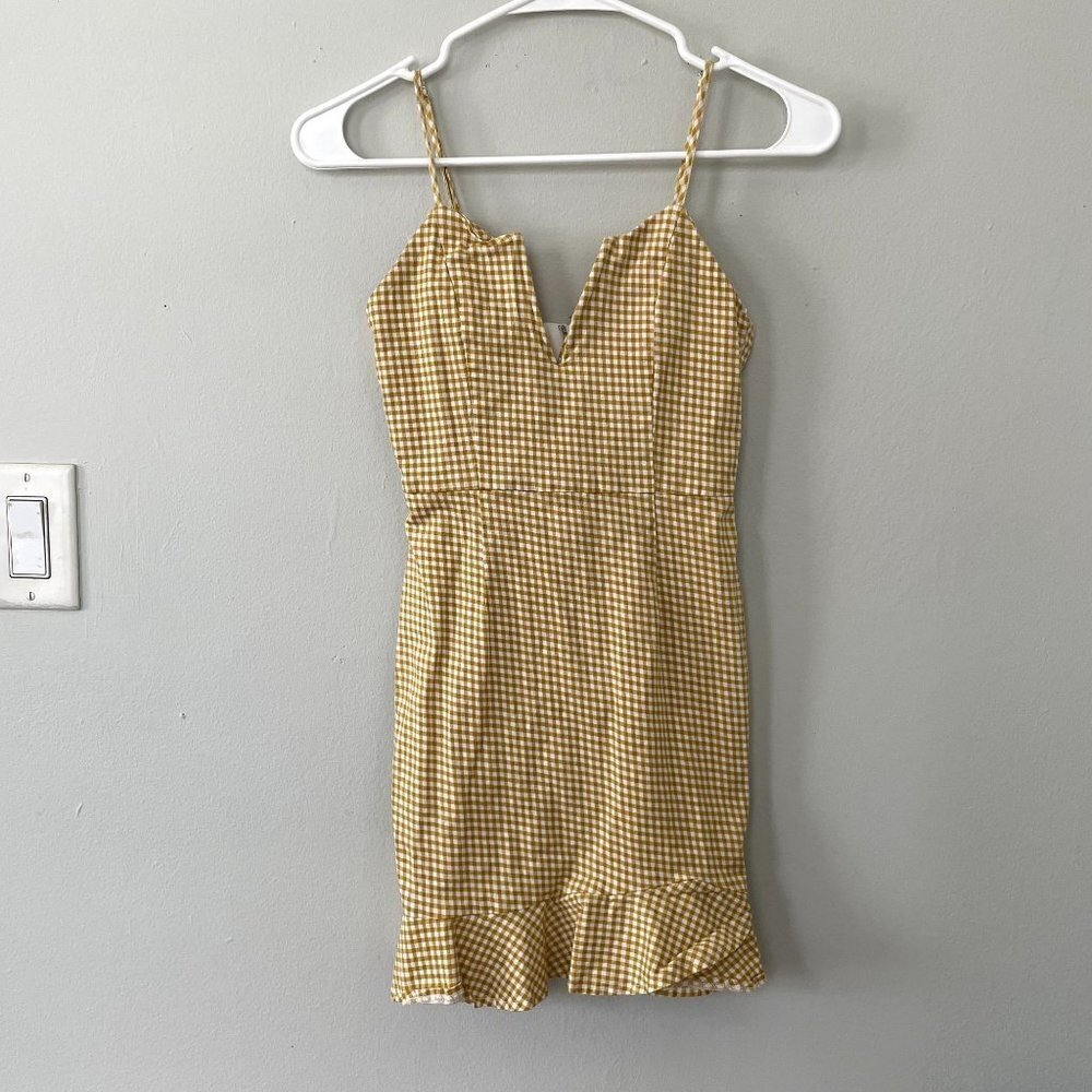 Olive Scent yellow white checkered v-neck summer‎ sundress bodycon women size S